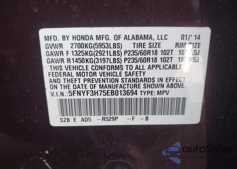 2014 Honda Pilot Ex-L z USA, uszkodzony, nr VIN 5FNYF3H75EB013694